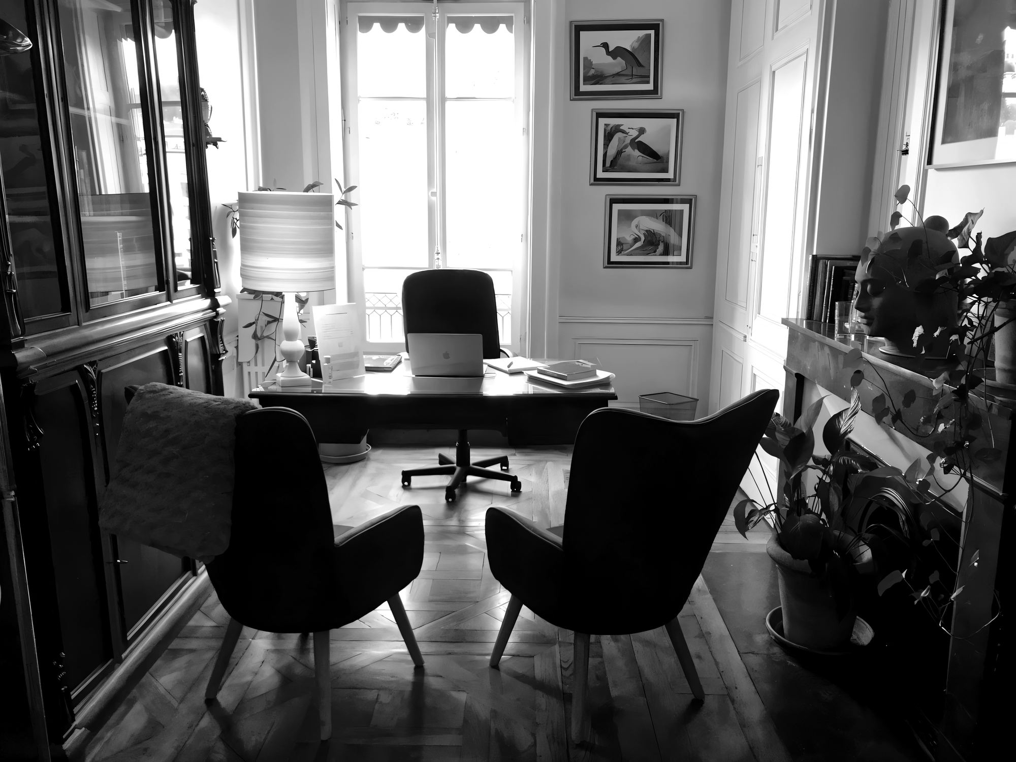 Le cabinet en lumière naturelle : bibliothèque ancienne, bureau, fauteuils et parquet en point de Hongrie